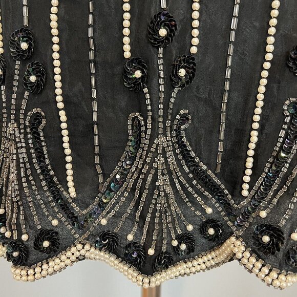 Vtg 80s Beaded Silk Blouse Silk Black White Stripe Small Boxy Oversized - Picture 6 of 11